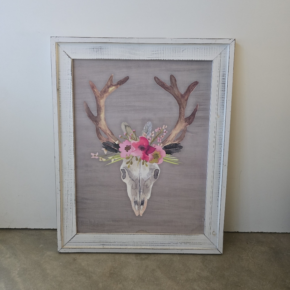 Home decor wall art Shabby Chic Bull skull with flowers distressed 20" x 16"